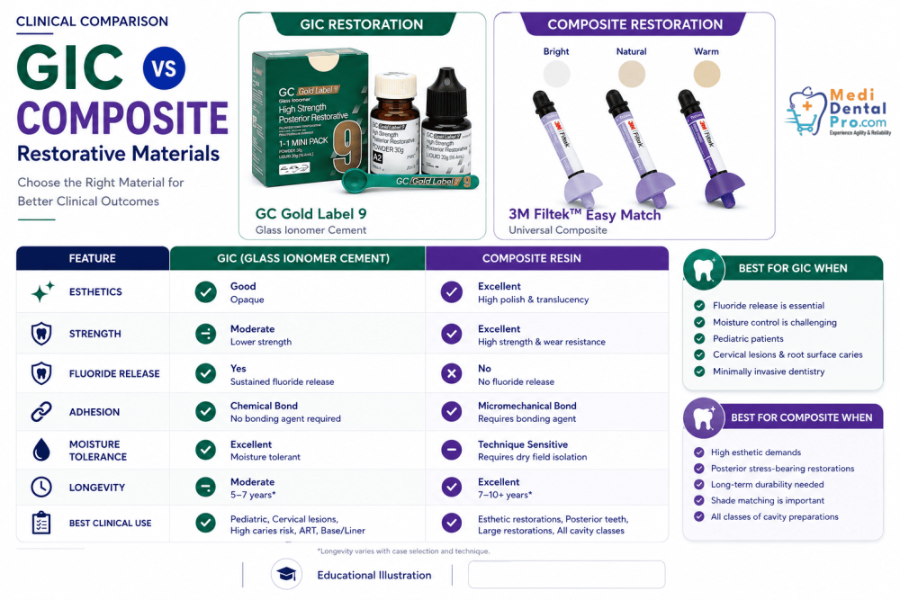 Comparison of common dental restorative materials and their clinical applications