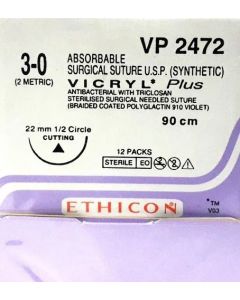 Ethicon - Vicryl Plus Sutures #3-0, 1/2 Circle Round Body VP2472