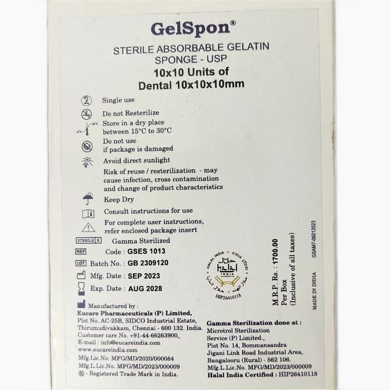 Eucare GelSpon– Sterile Absorbable Hemostatic Gelatin Sponges (10x10x10mm)